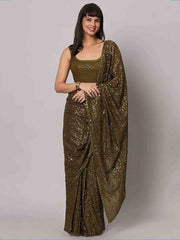 Fascinating Olive Green Sequins Georgette Party Wear Saree With Blouse