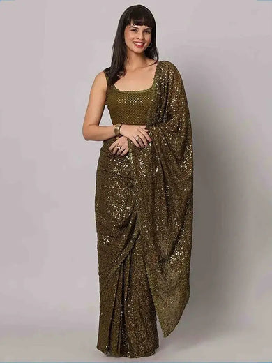 Fascinating Olive Green Sequins Georgette Party Wear Saree With Blouse