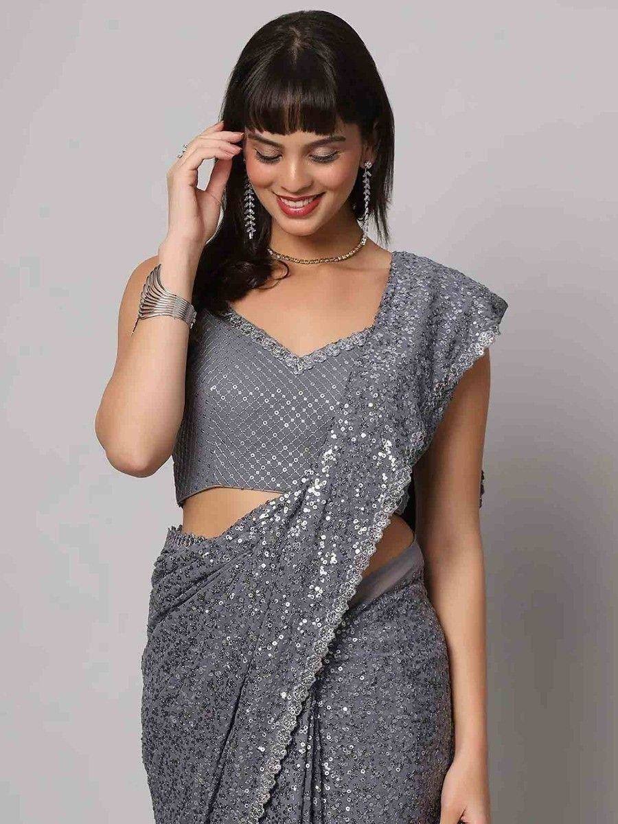 Grey sequin saree with crop top, ethnic Indian wear for women