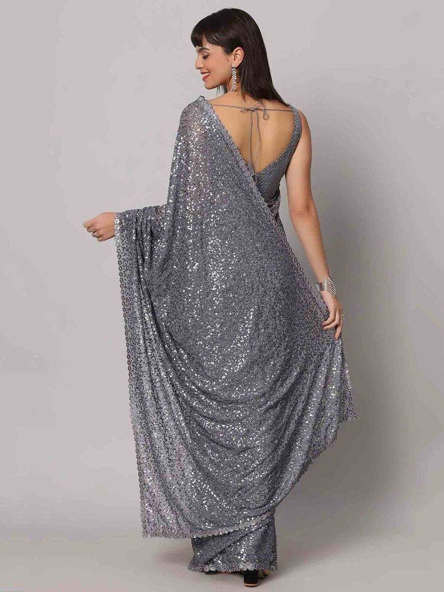 Sparkling silver sequin saree with backless blouse, elegant ethnic wear for parties