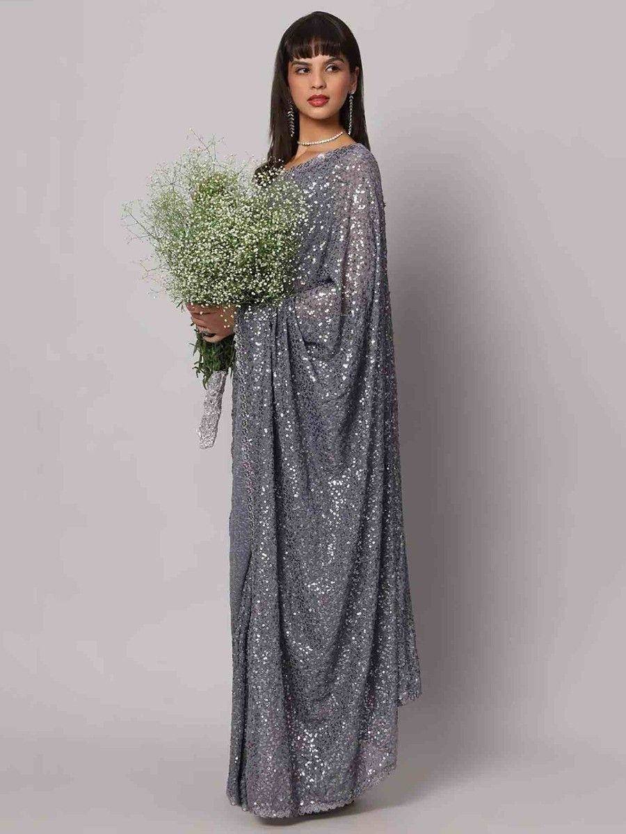 Sparkling silver sequin ethnic gown with cape sleeves, perfect for Indian weddings and parties