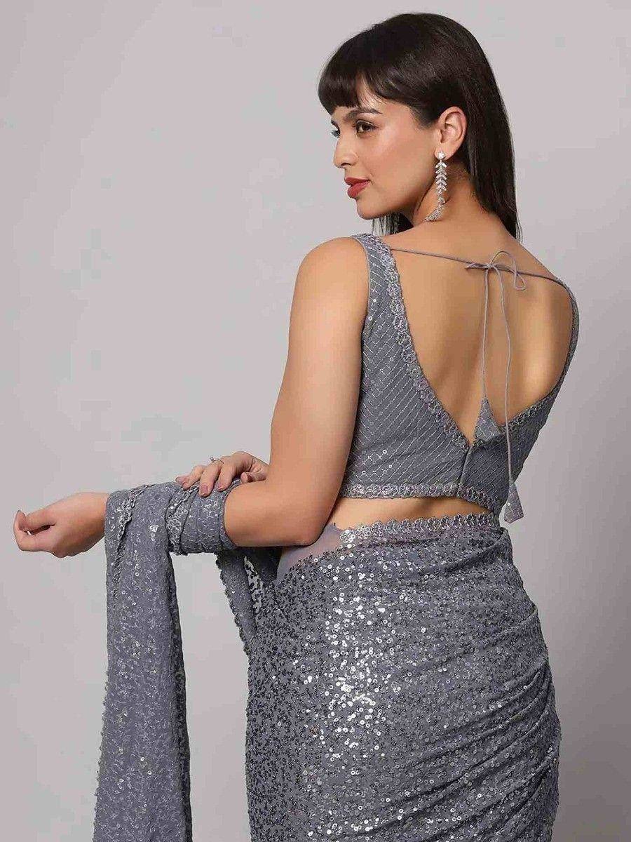 Grey sequin saree with backless blouse, perfect for ethnic events and parties