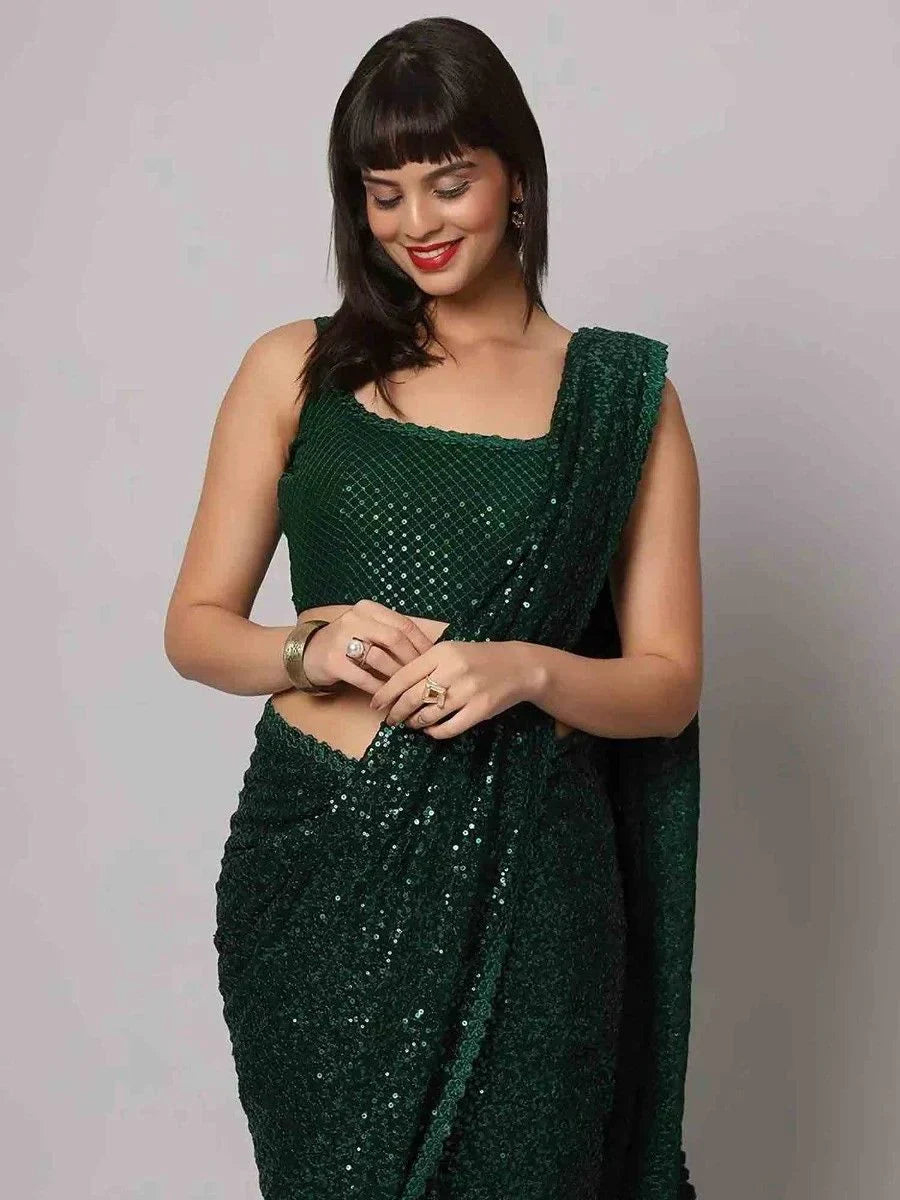 Glamorous Green Sequins Georgette Designer Saree With Blouse