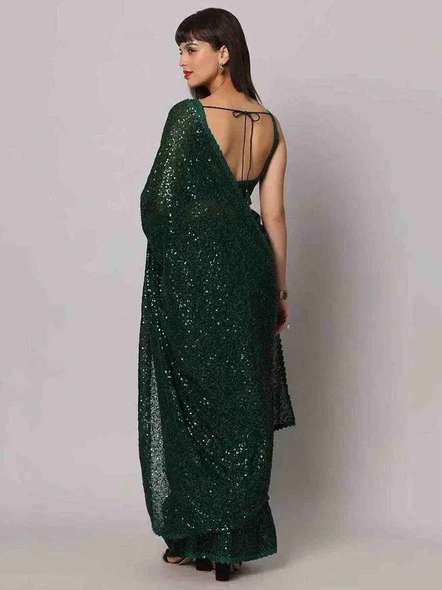 Emerald green sequin saree with back tie blouse, ethnic party wear