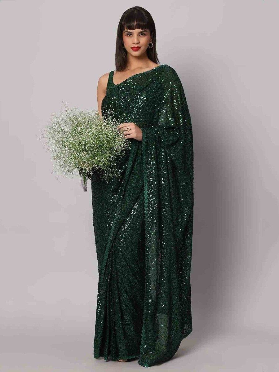 Glamorous Green Sequins Georgette Designer Saree With Blouse