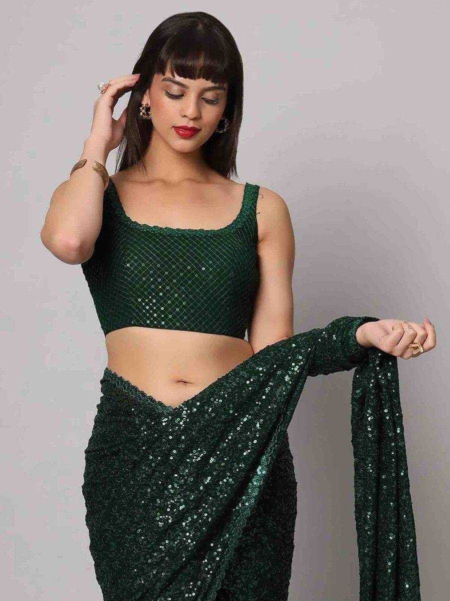 Emerald green sequin saree with matching blouse, Indian ethnic wear for festive occasions