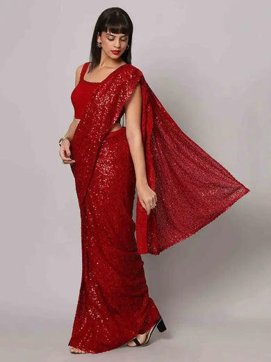 Tantalizing Red Sequins Georgette Cocktail Party Wear Saree With Blouse