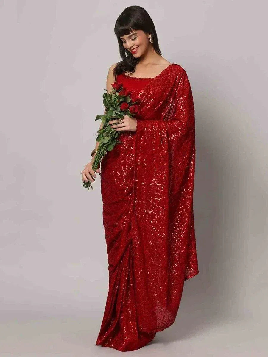 Red sequin saree with one-shoulder blouse, perfect for Indian ethnic occasions