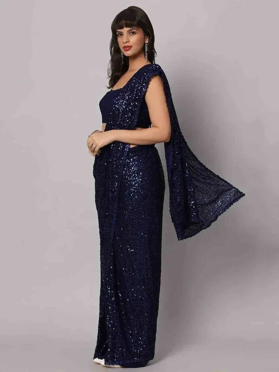 Navy blue sequin saree with cape sleeve, ethnic party wear for women