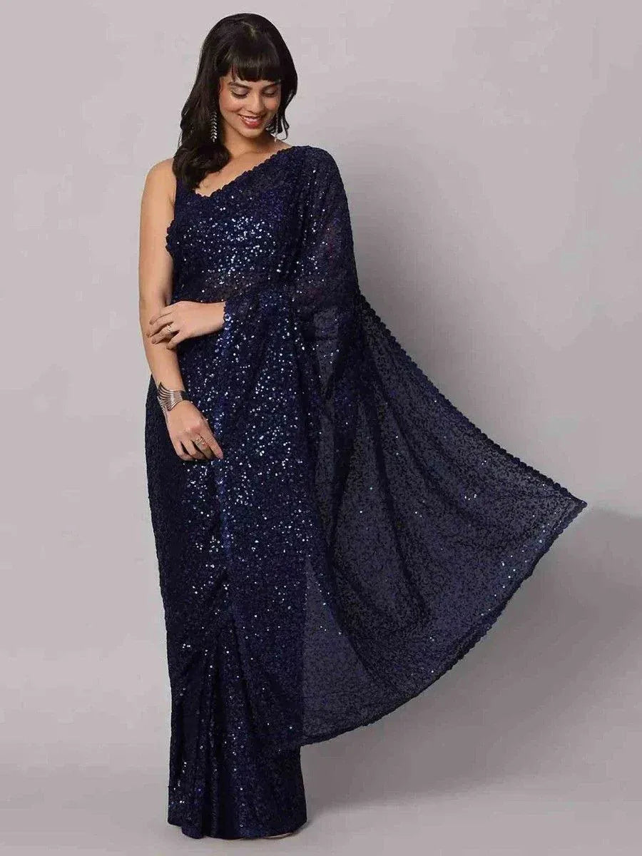 Navy blue sequin saree with one-shoulder blouse, elegant ethnic wear for women