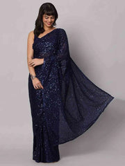 Stunning Navy Blue Sequins Georgette Designer Saree With Blouse
