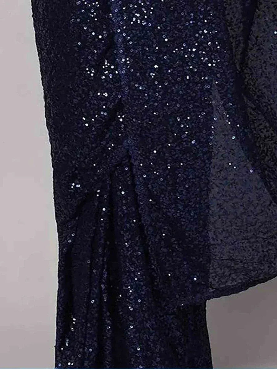Navy blue sequin ethnic gown with shimmering detailing, perfect for festive occasions.