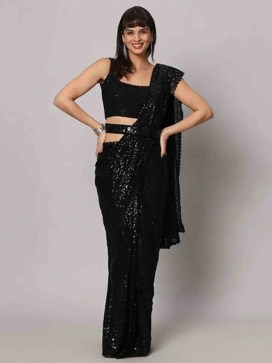 Charming Black Sequins Georgette Reception Wear Saree With Blouse