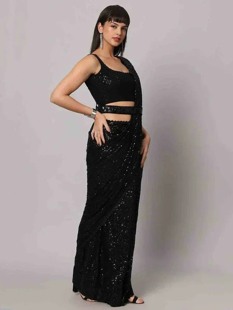 Black sequin saree with crop top, ethnic wear for women, designer Indian outfit