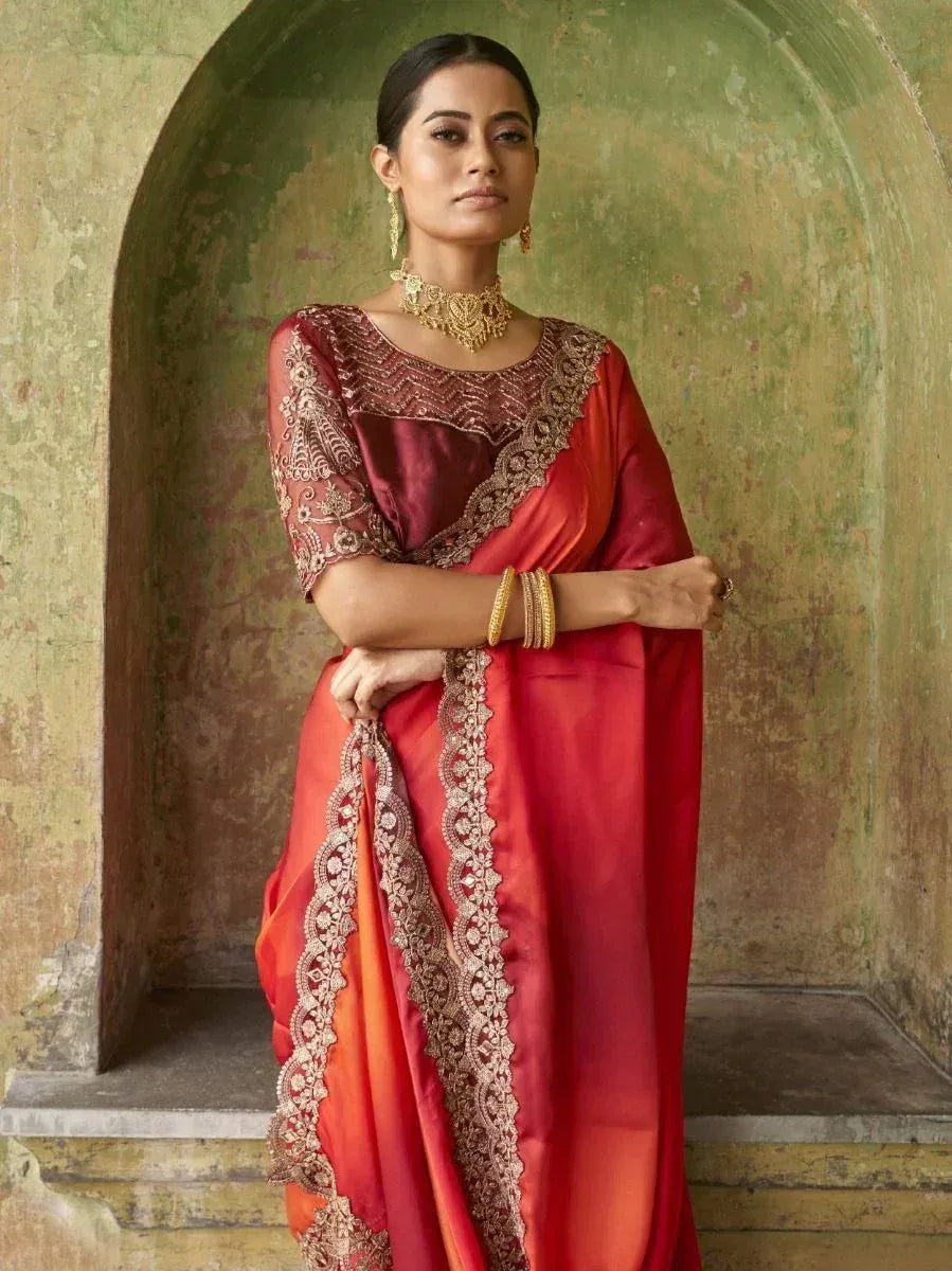Gorgeous Red Orange Sequined Satin Festival Wear Saree With Blouse