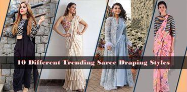 Women modeling trending saree draping styles in modern ethnic wear outfits