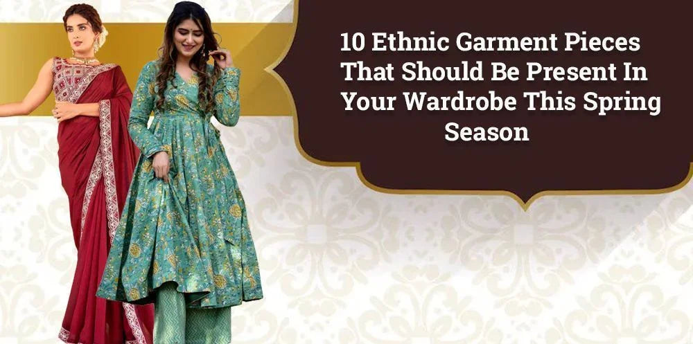 Two women wear Indian ethnic garments, designer lehenga and saree, spring wardrobe trends.