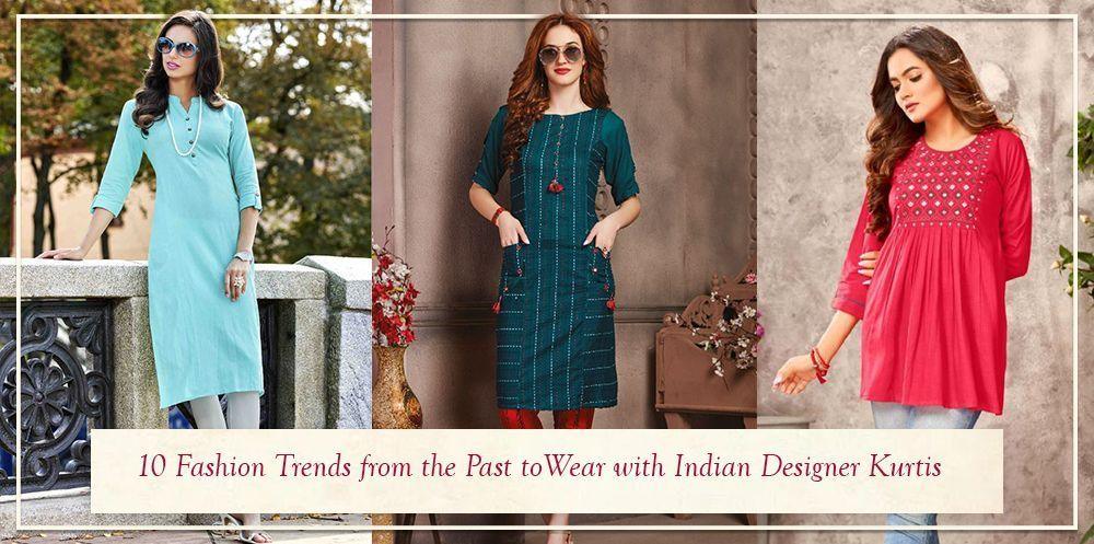 Women wearing stylish Indian designer kurtis in various colors, promoting Ethnic Plus fashion.