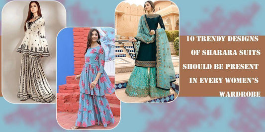 Three women wearing colorful designer sharara suits, Ethnic Plus trendy Indian ethnic wear
