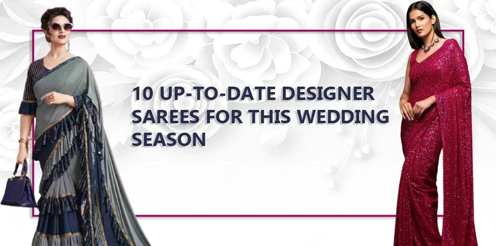 Two women in modern designer sarees with floral background, promoting wedding season fashion from Ethnic Plus.