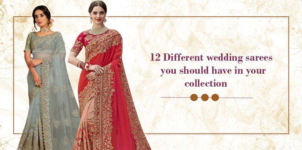 Two women in elegant Indian wedding sarees, promoting bridal saree collection at Ethnic Plus