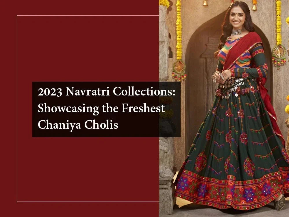 Woman wearing colorful chaniya choli from 2023 Navratri collection, traditional festive outfit