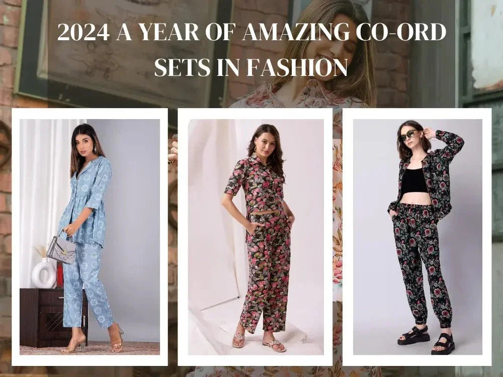 Women wearing stylish co-ord sets for 2024, featuring floral prints and trendy ethnic designs.