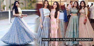 Women wearing elegant designer lehengas in pastel colors, perfect for bridesmaids at a wedding.