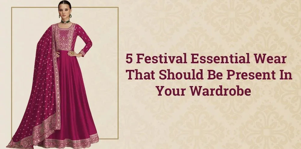 Woman in magenta embroidered ethnic gown with dupatta, festival essential Indian wear