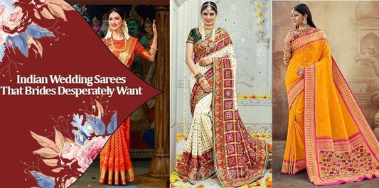 Indian brides wearing vibrant wedding sarees in red, cream, and orange at Ethnic Plus