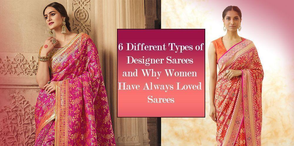 Two women wearing elegant pink designer sarees with gold patterns, text on types of sarees