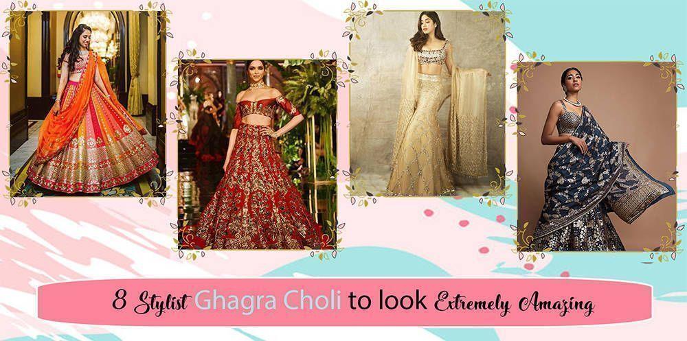 Collage of four women in colorful, designer ghagra choli outfits for festive occasions