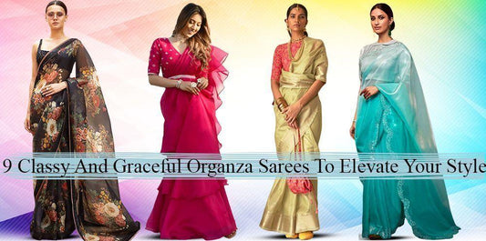 Women in elegant organza sarees in black, pink, gold, and blue, Ethnic Plus fashion banner