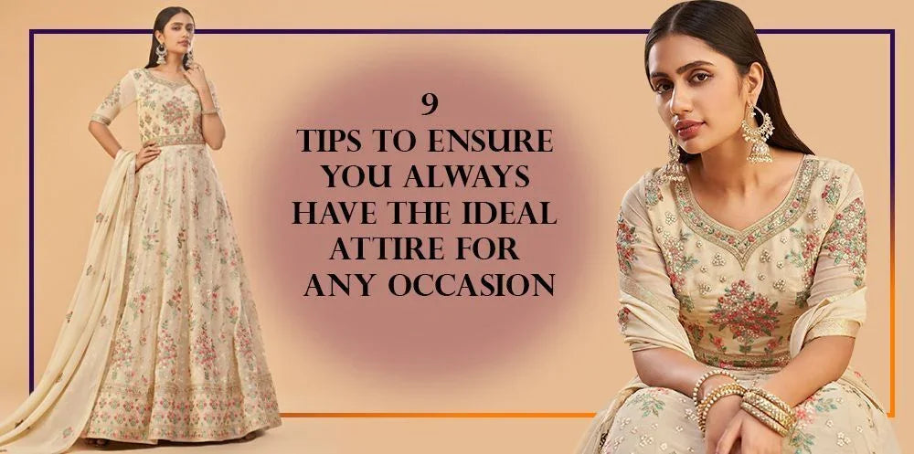 Woman wearing beige floral embroidered ethnic gown, styled for special occasions