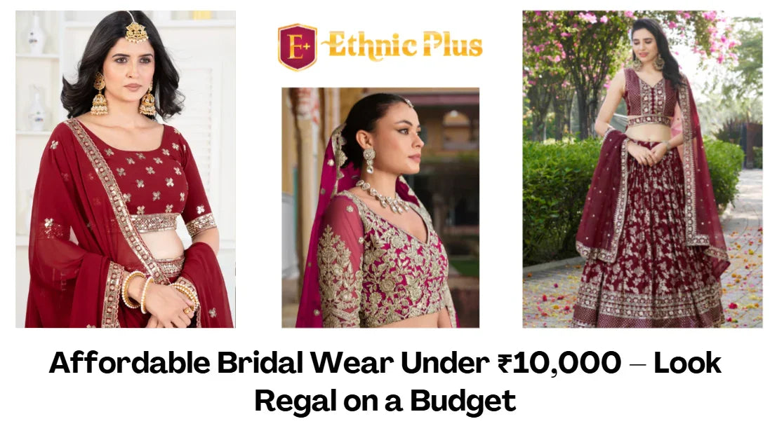 Three women modeling affordable maroon bridal lehenga choli with gold embroidery for weddings.
