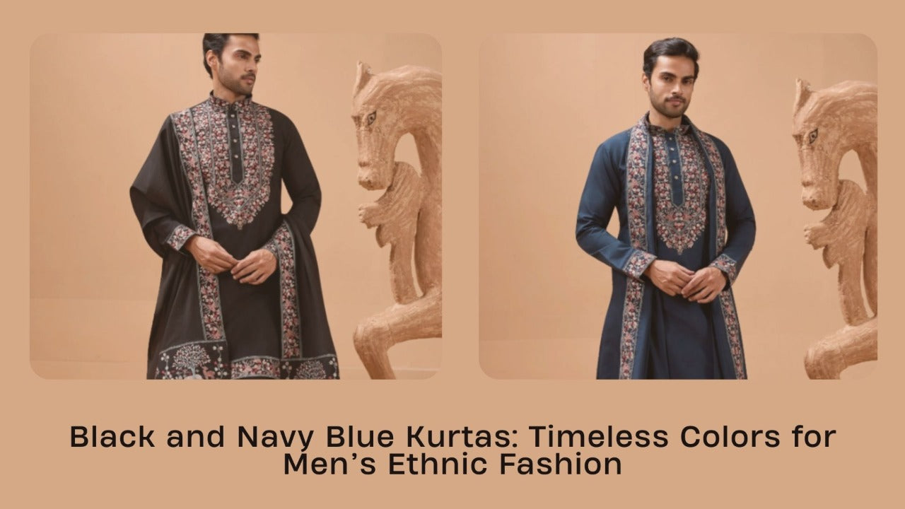 Men modeling black and navy blue embroidered kurtas, elegant styles for ethnic wear