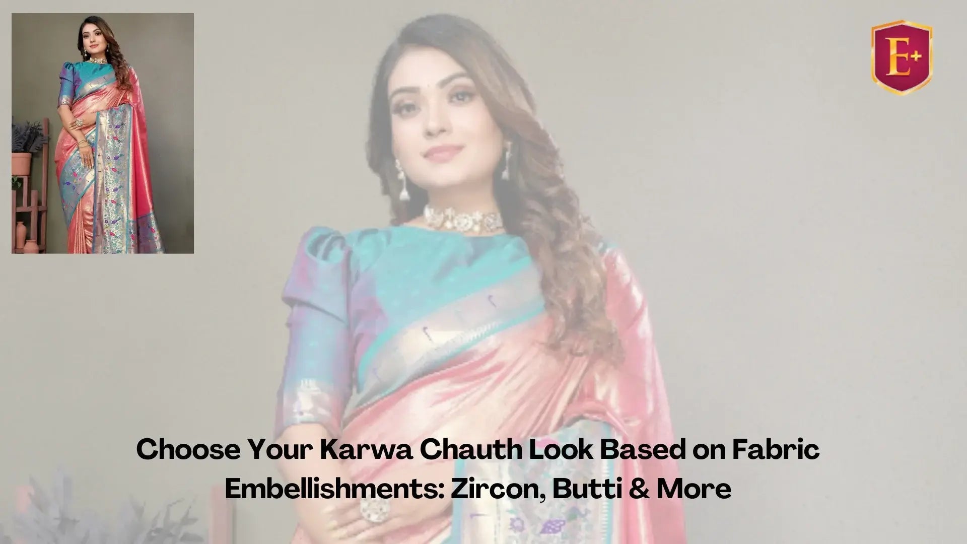 Woman in pink and blue embellished saree with zircon and butti details for Karwa Chauth