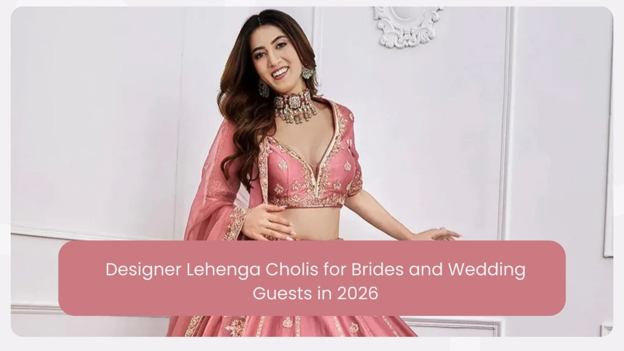 Woman in pink designer lehenga choli with embroidery, smiling in a white elegant room.