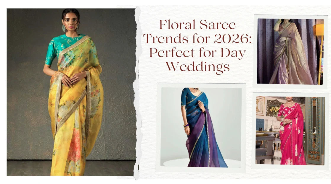 Women wearing floral sarees in various colors showcasing 2026 day wedding trends