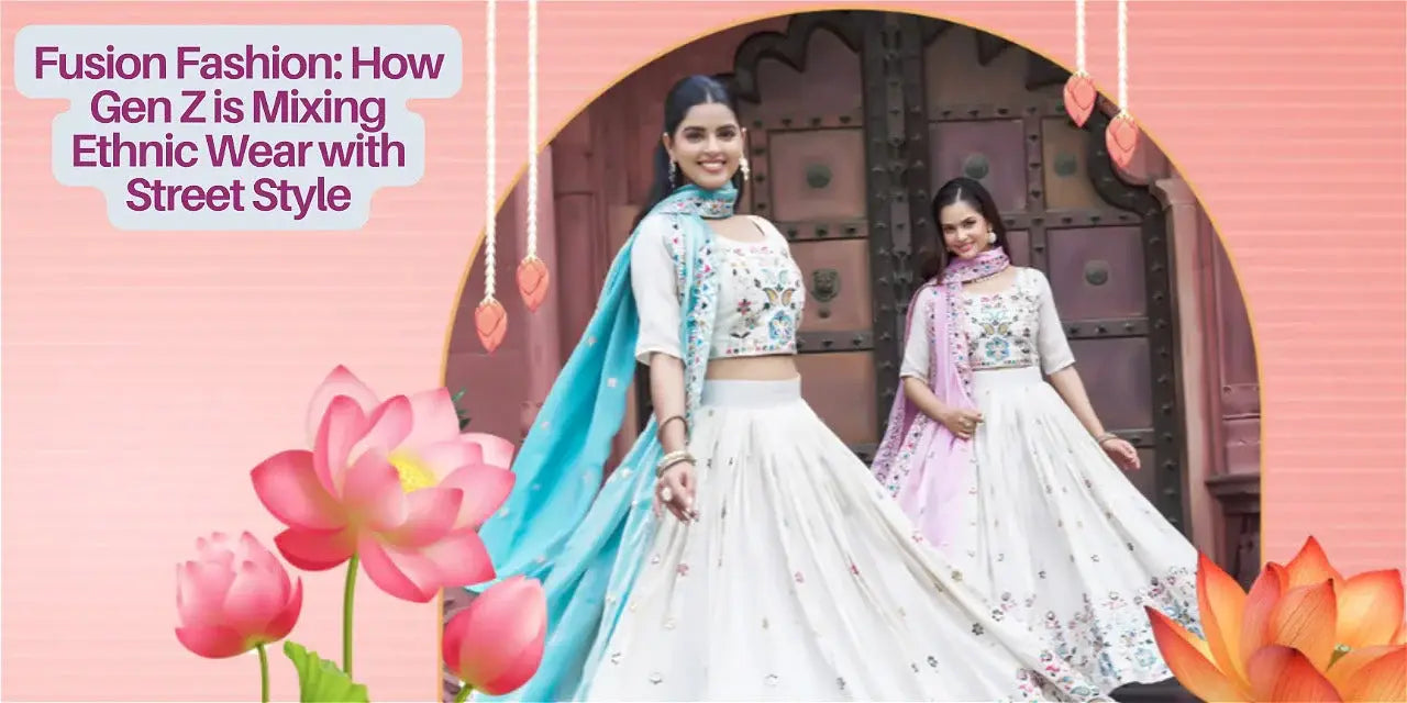 Two women in white embroidered lehengas with colorful dupattas, fusion ethnic wear style