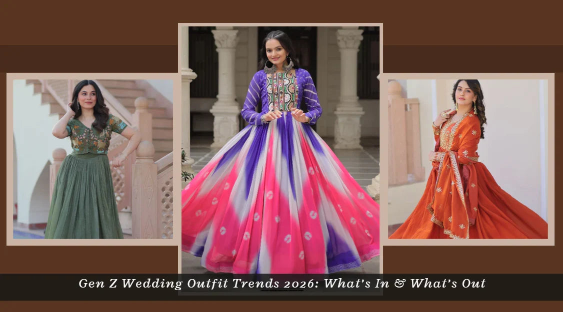 Gen Z wedding outfit trends 2026 featuring three women in modern Indian ethnic wear