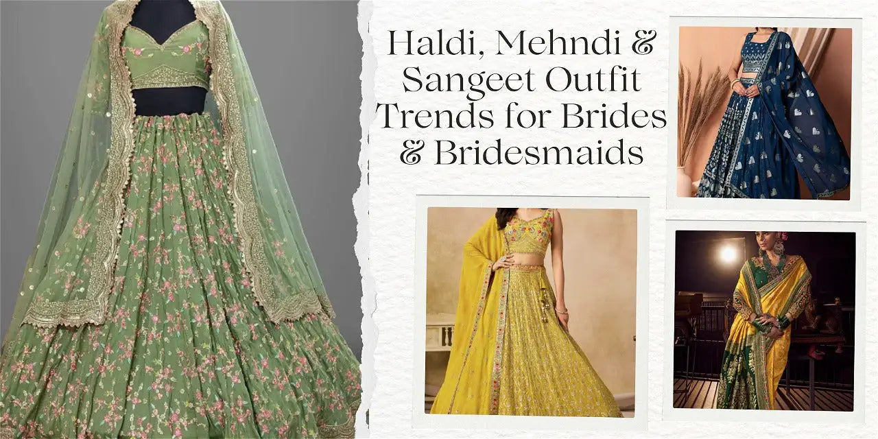 Elegant lehengas and sarees in green, blue, and yellow for Haldi, Mehndi, and Sangeet ceremonies.