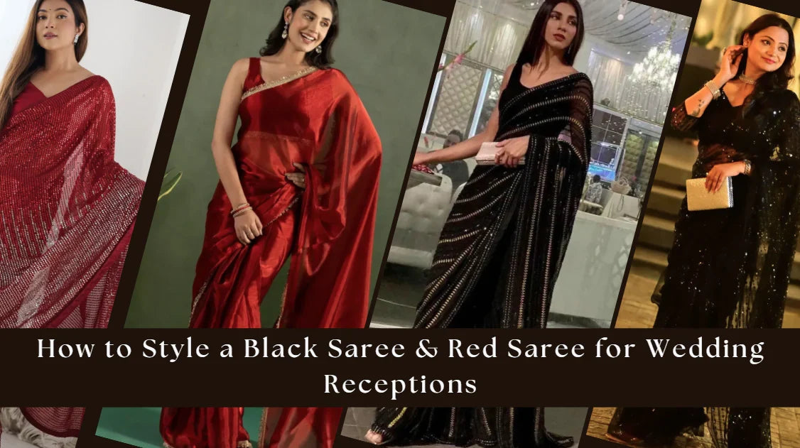 Women modeling elegant black and red sarees for wedding reception outfit inspiration