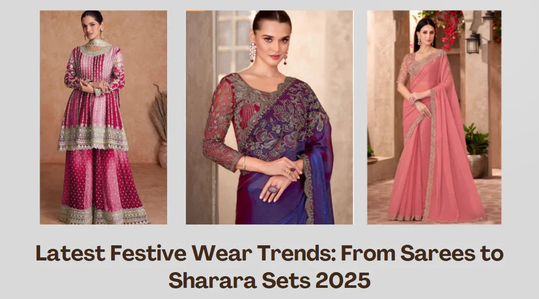 Women in designer ethnic wear featuring pink sharara suit, purple saree, and peach saree, Ethnic Plus