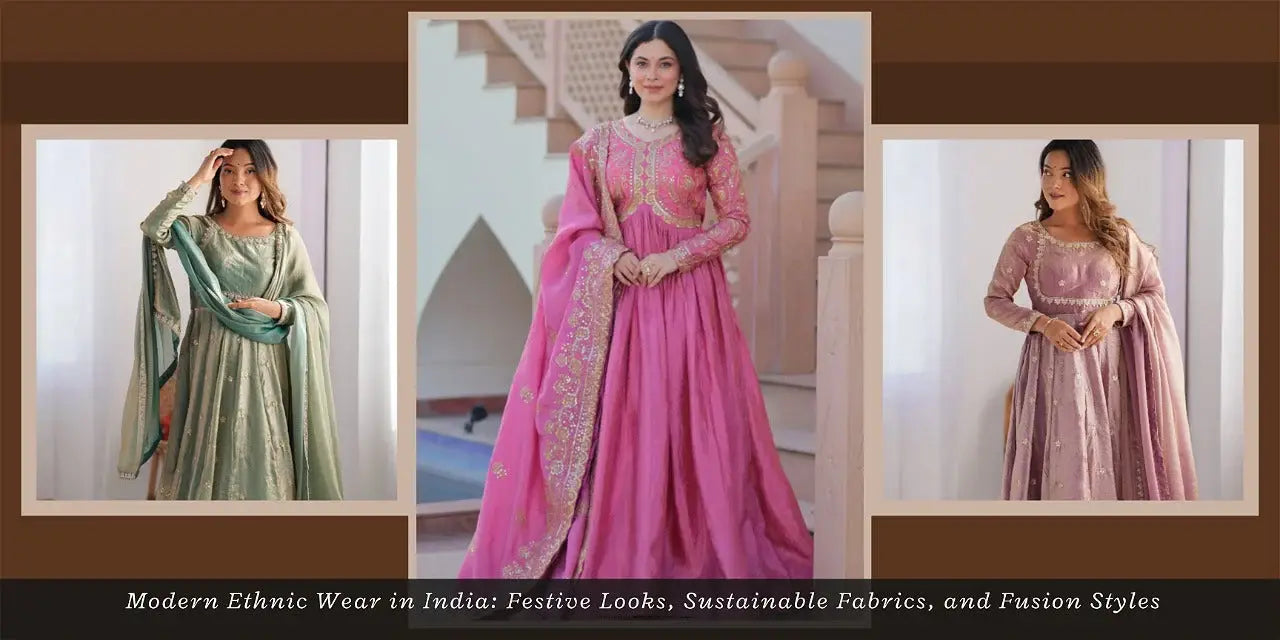 Women in stylish Indian ethnic gowns and anarkali suits, featuring festive embroidery and pastel colors.