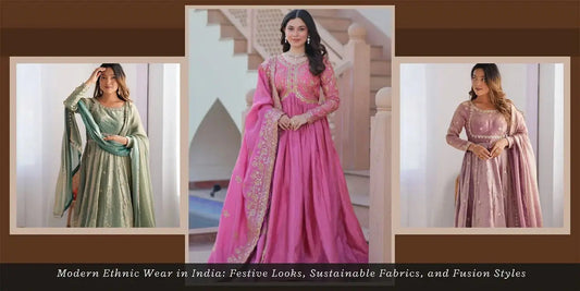 Women wearing modern Indian ethnic dresses, including a pink embroidered gown, from Ethnic Plus