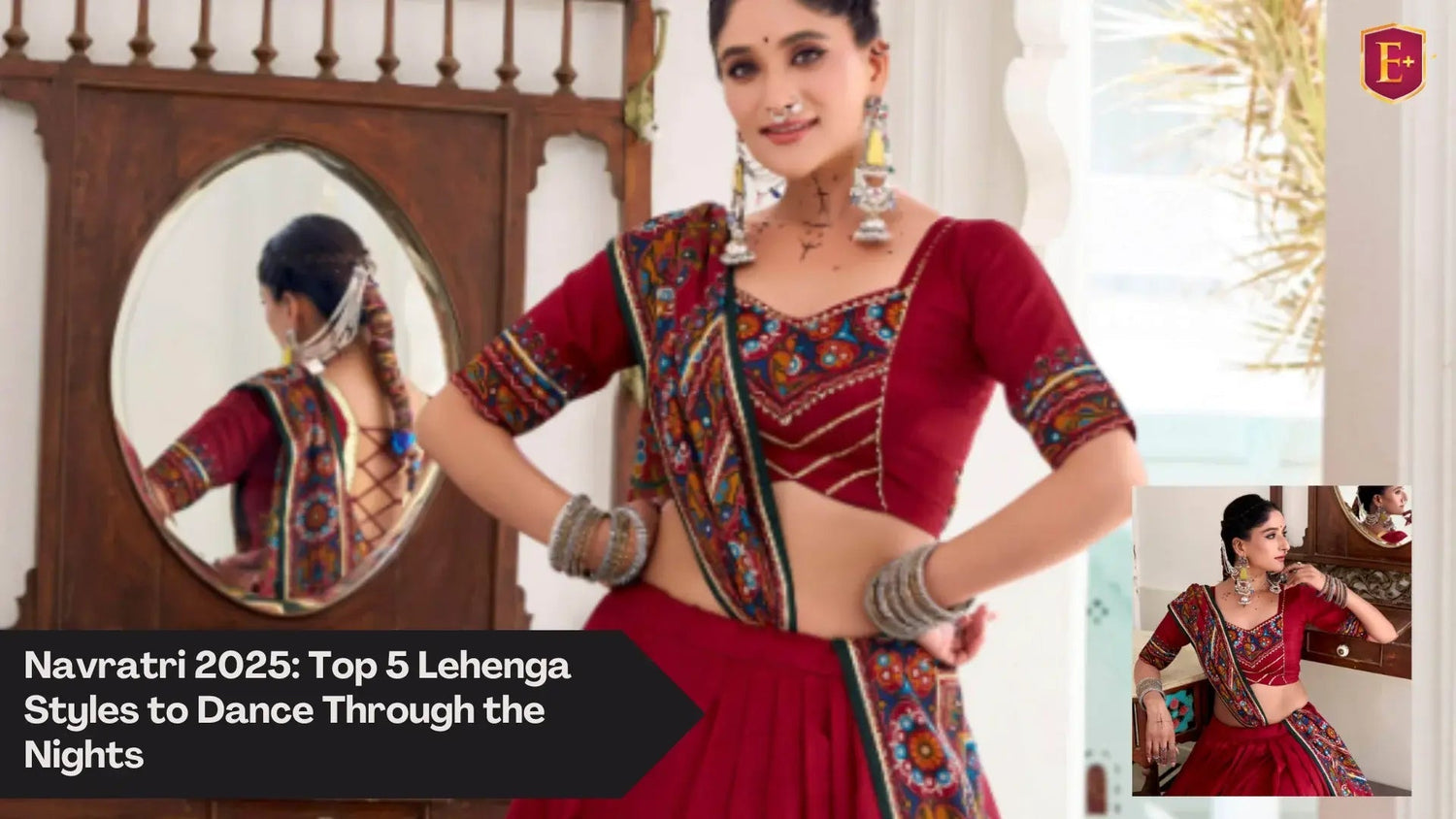 Woman in traditional red lehenga choli with mirror work and ethnic jewelry for Navratri