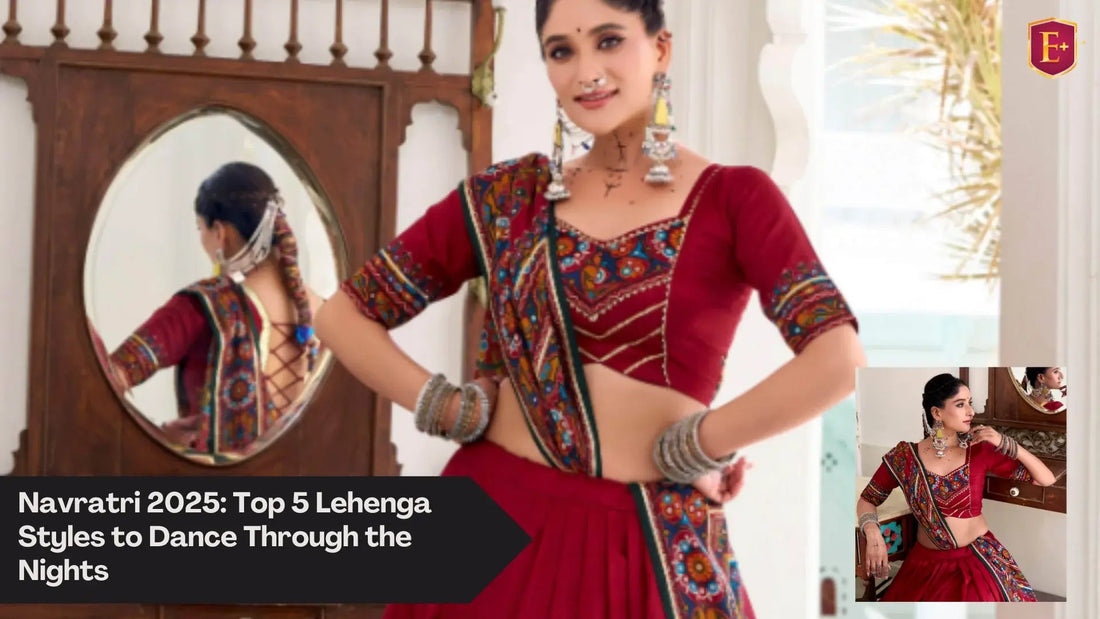 Woman in vibrant red Navratri lehenga choli with mirror work, Ethnic Plus festive wear