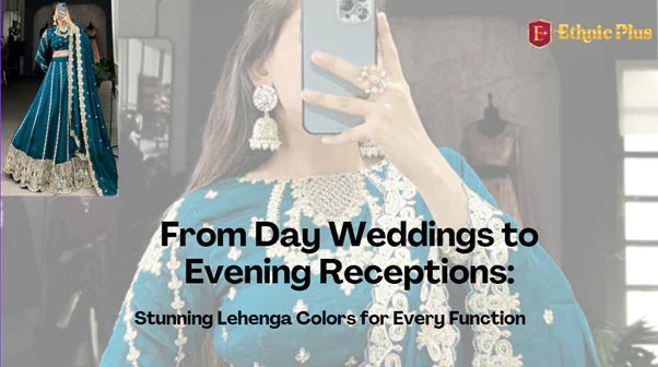 Woman in turquoise designer lehenga taking selfie, Ethnic Plus branding, wedding wear promotion.