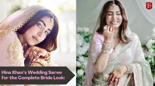 Woman in pastel wedding saree with bridal jewelry and henna, posing in floral setting.